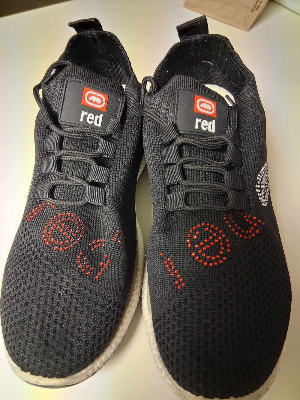 Ecko Unlimited Black Knit Slip-On Sneakers with Red Logo Accents - Picture 2 of 4